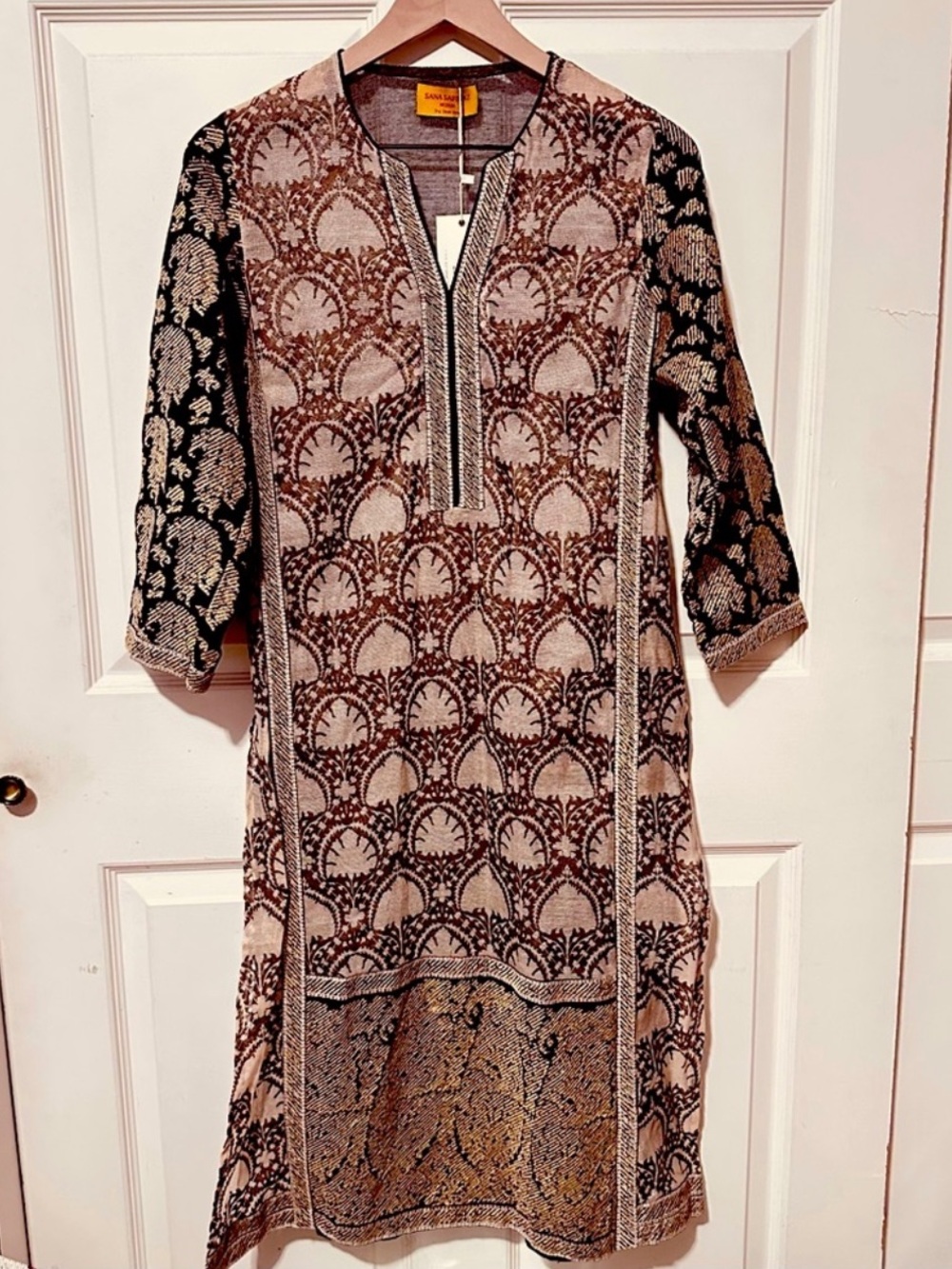 Sana Safinaz | Top | Beige, Black with Gold Block Printed Kurta